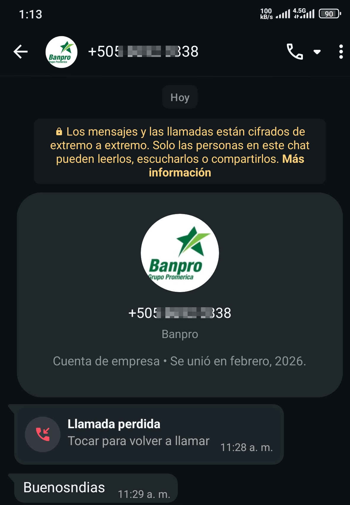 Banpro Nicaragua does not call via WhatsApp