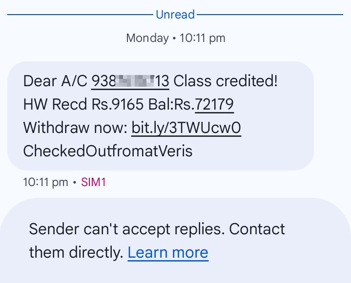 Phishing SMS claiming fake money credited to your account