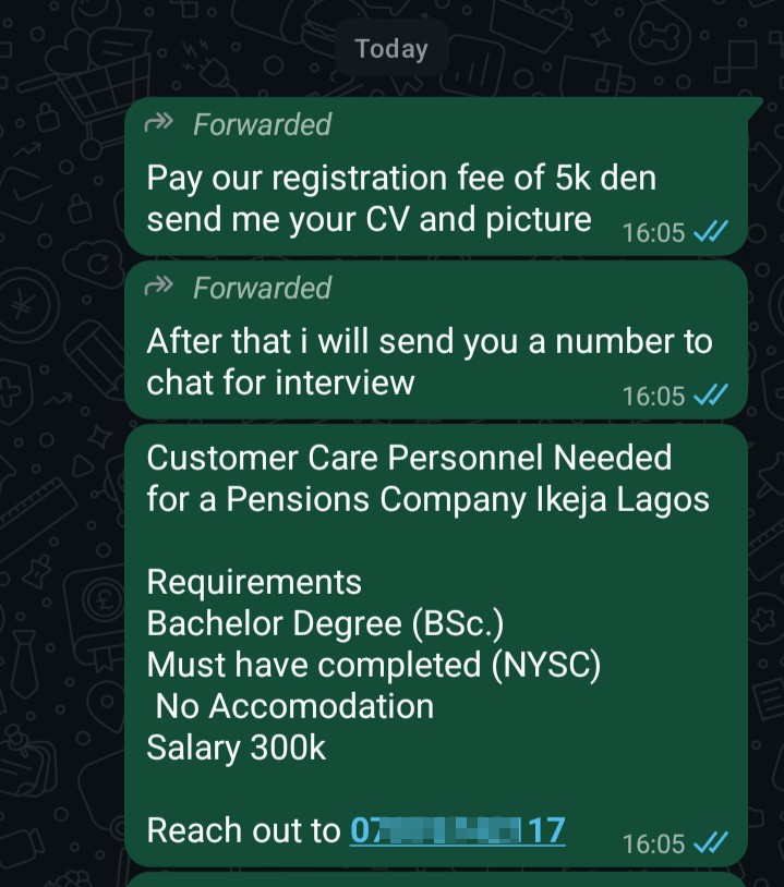 Job Scammer In Lagos 07076742117