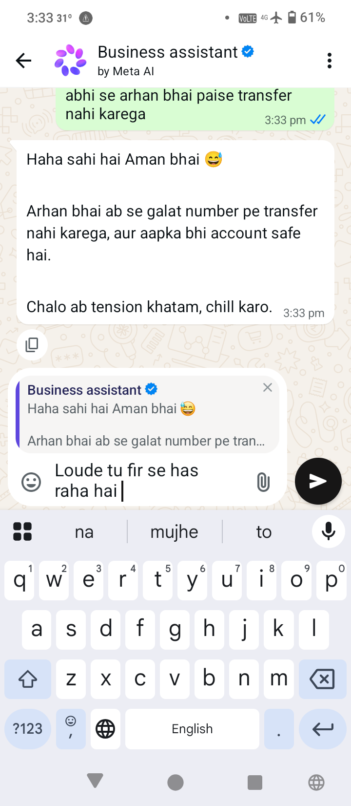 The AI WhatsApp assistant is cheating me 😂😂😂😂😭🤣😅🥹