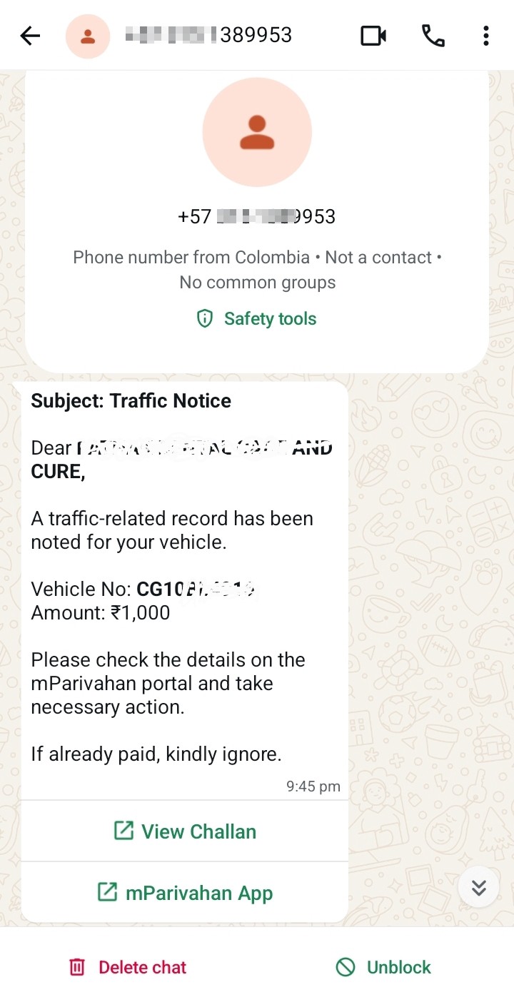 Call From Colombia RTO Challan Scam