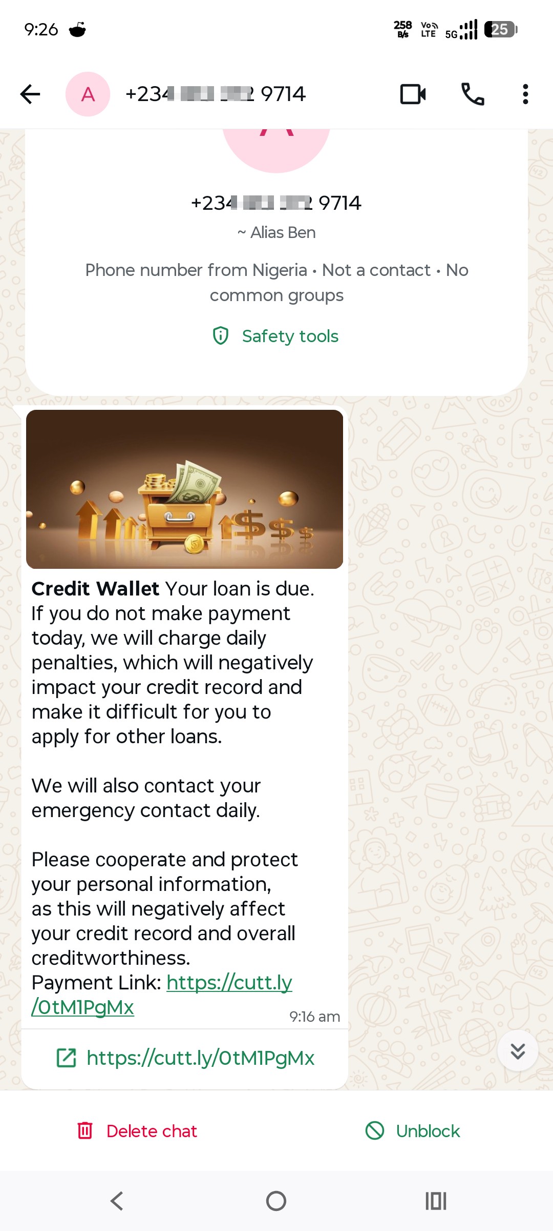 WhatsApp message threatening loan repayment from "Credit Wallet