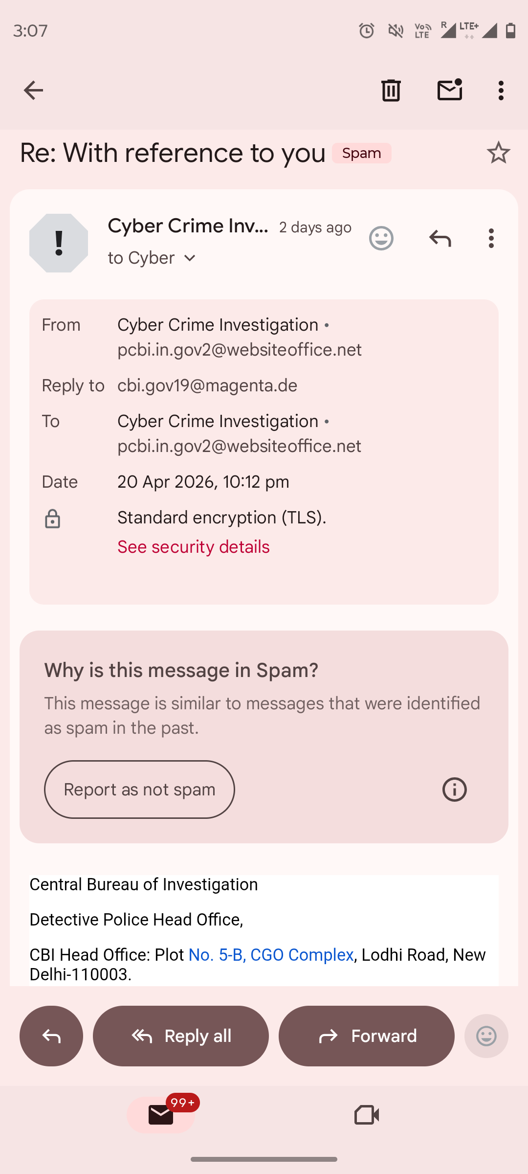 spam mail showing from cybercrime department 