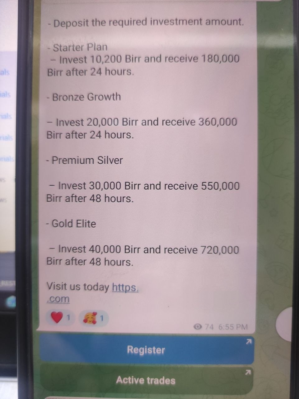 Scammers and fraudsters operating under the guise of investment. Don't try them, you'll lose.
