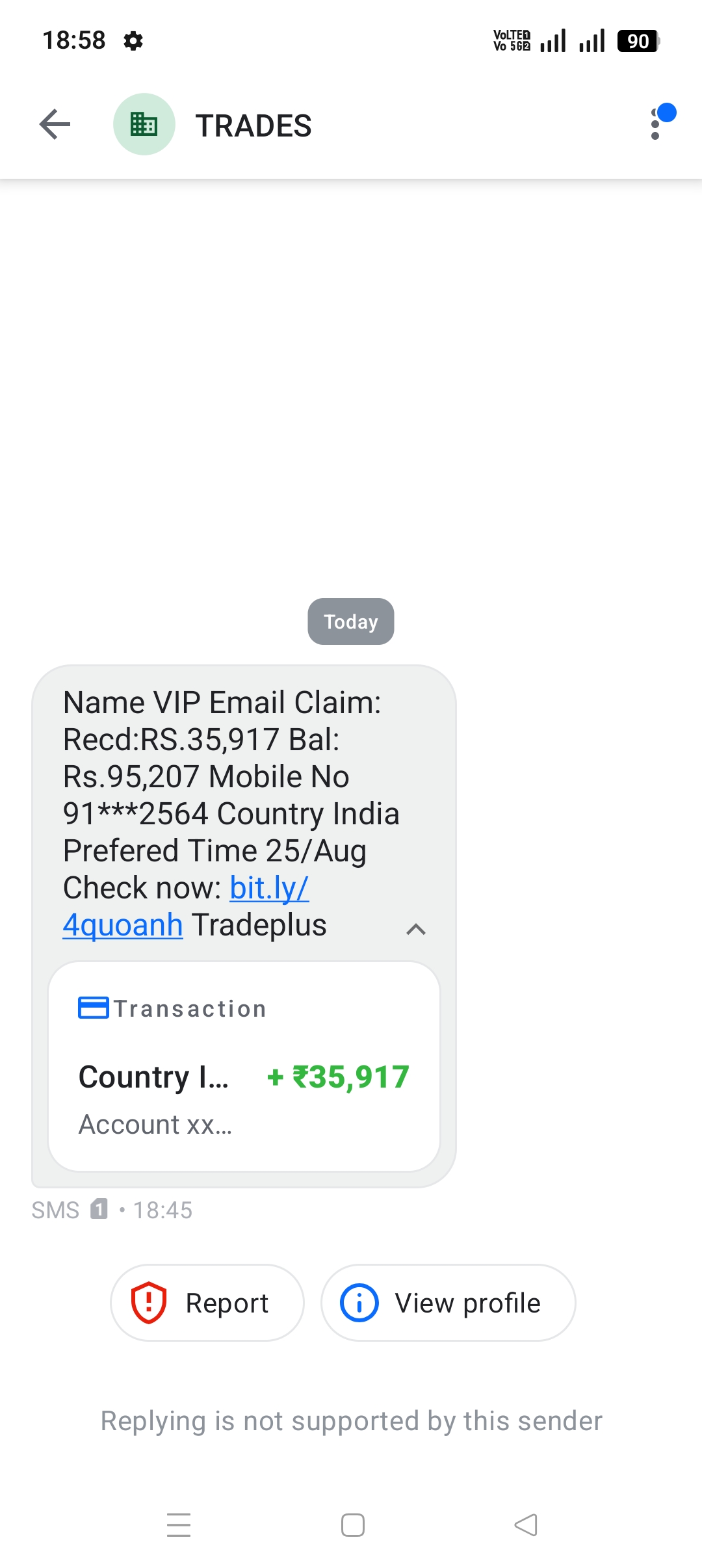 Fake 'Tradeplus' Account Credit Scam Message via TRADES Sender ID