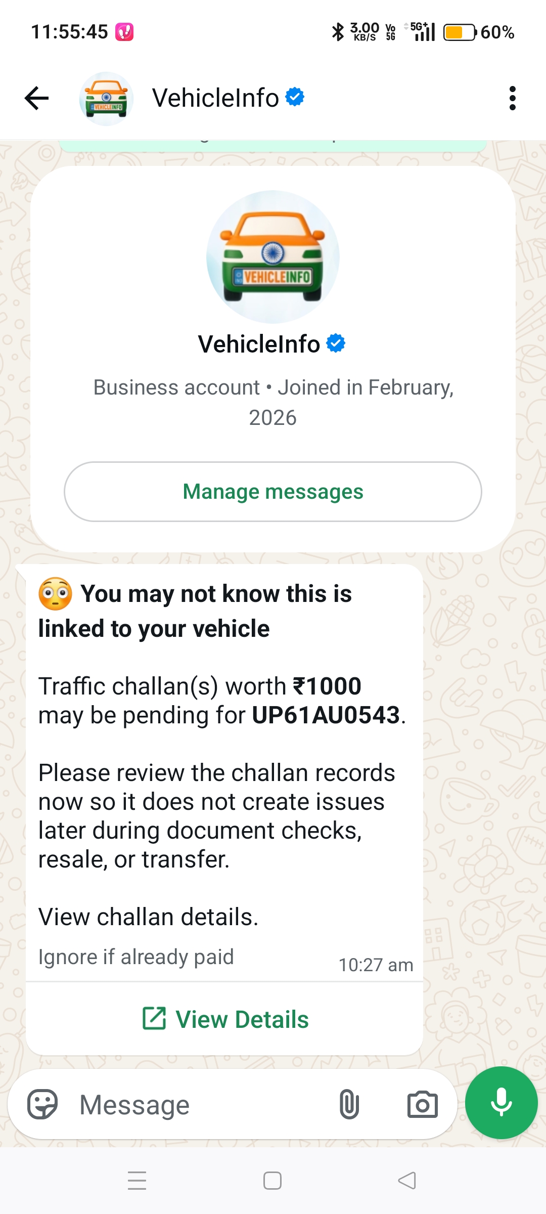 Suspicious Vehicle Challan WhatsApp Message