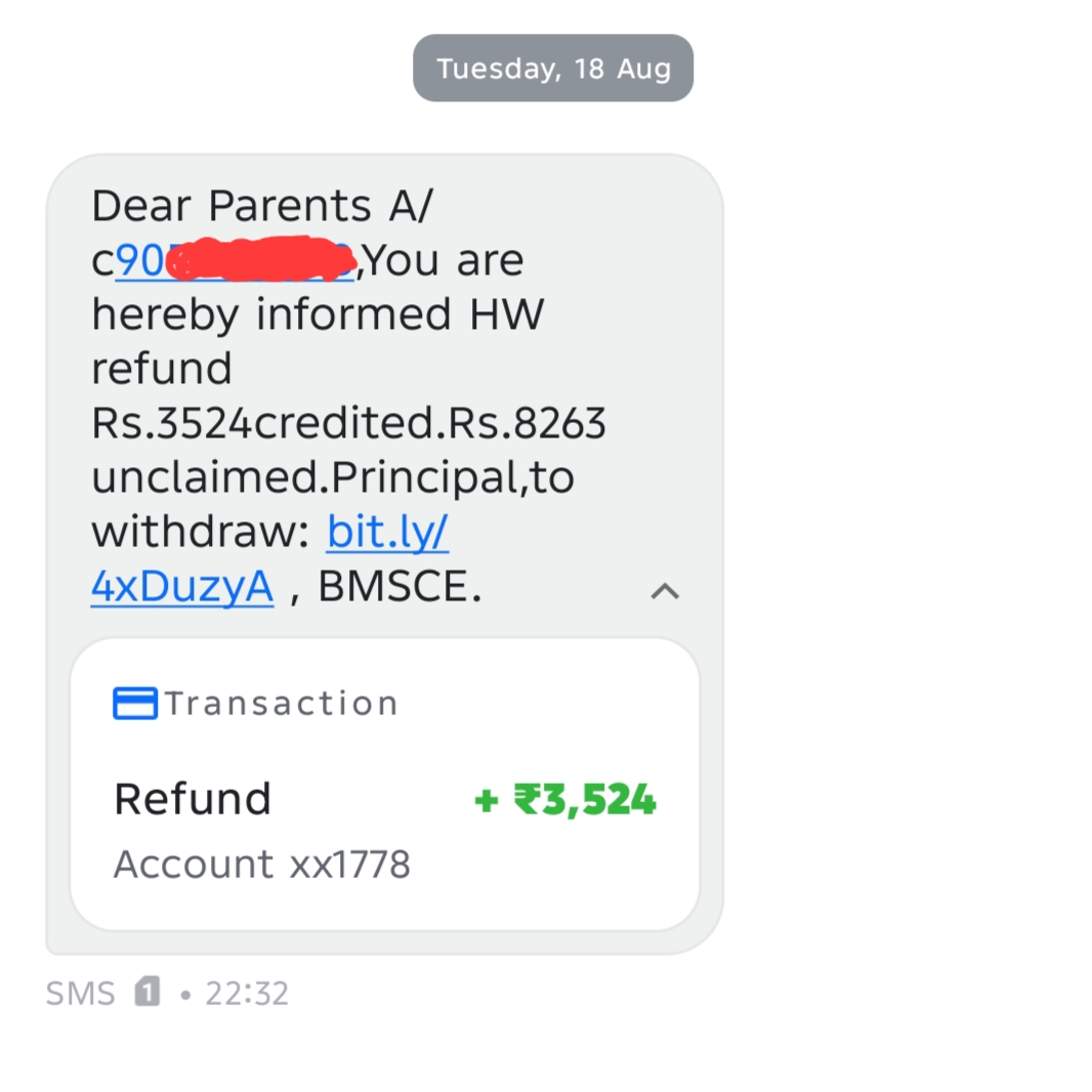 Fake refund SMS with ₹3,524 claim and suspicious link