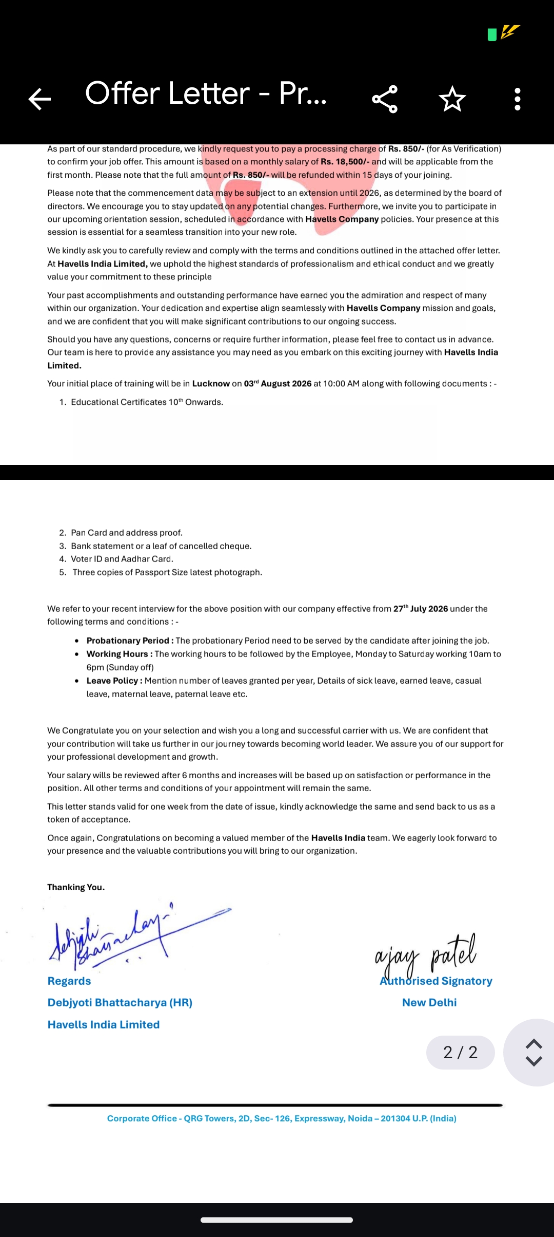 Job offer scam from Havells for a store incharge position - image 2