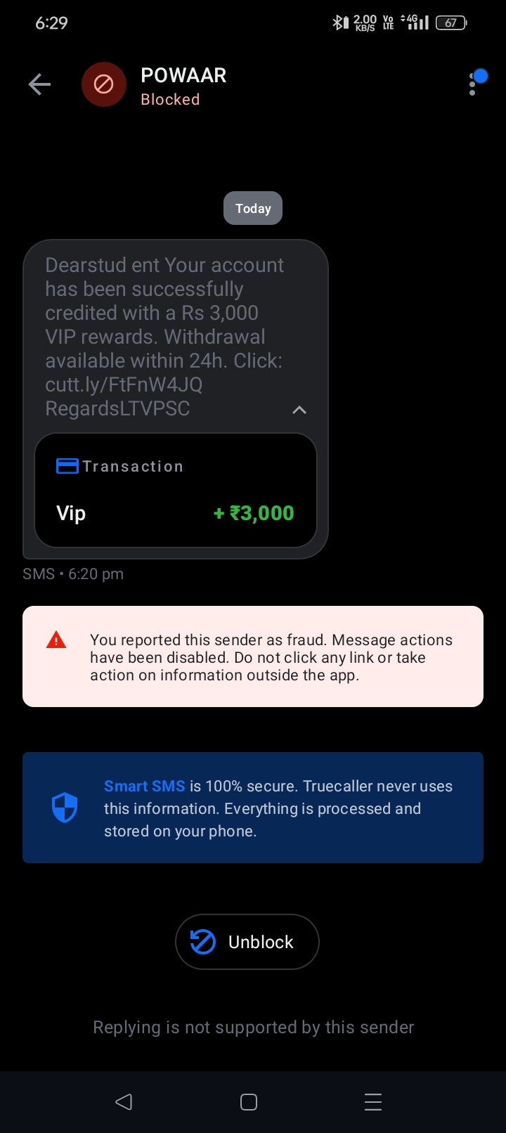 received fake  msg credited on Truecaller Rs. 3k