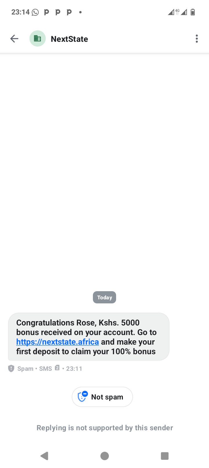 Kshs. 5000 bonus scam via SMS, fake deposit link