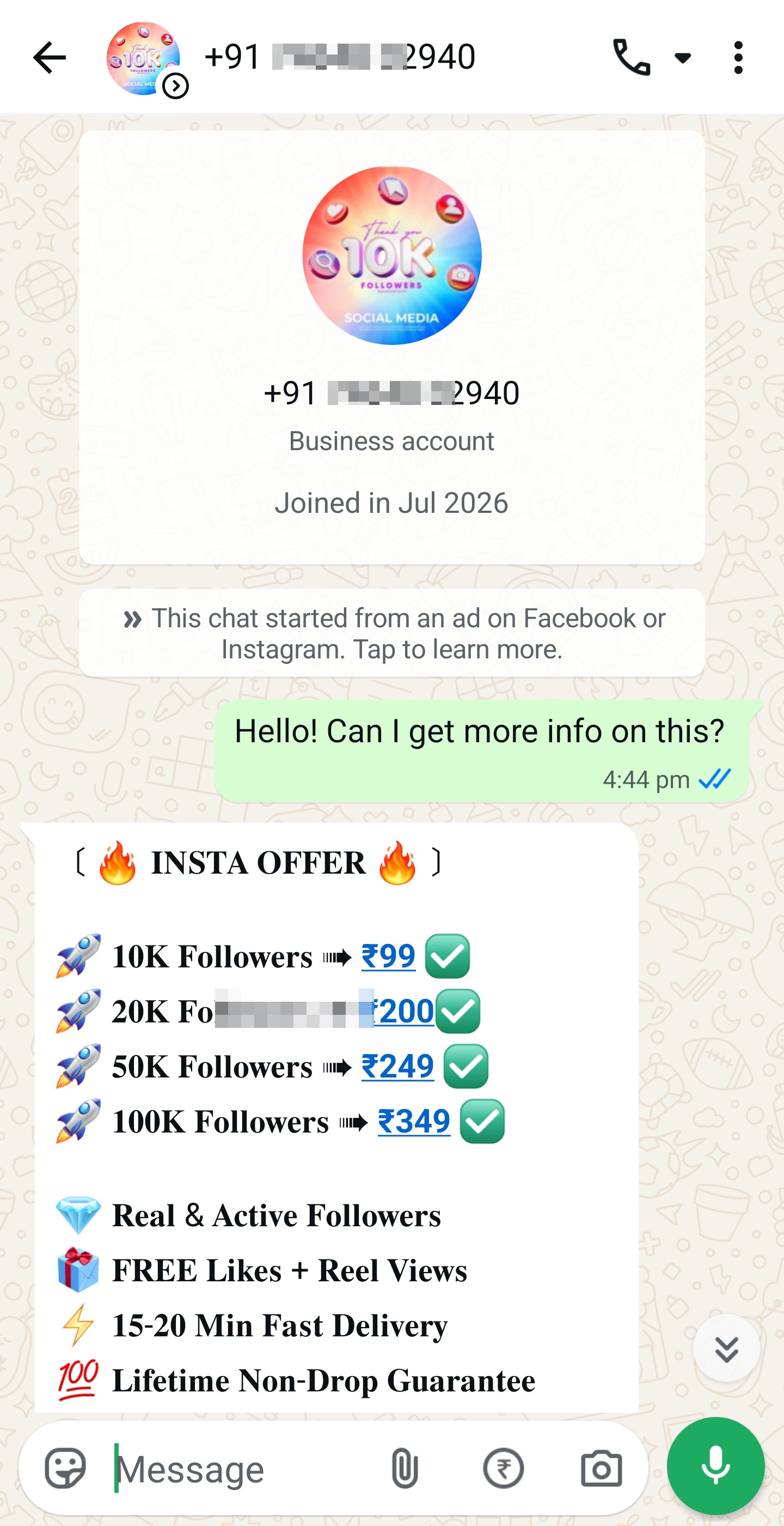 WhatsApp fraudster charges for fake Instagram follower service