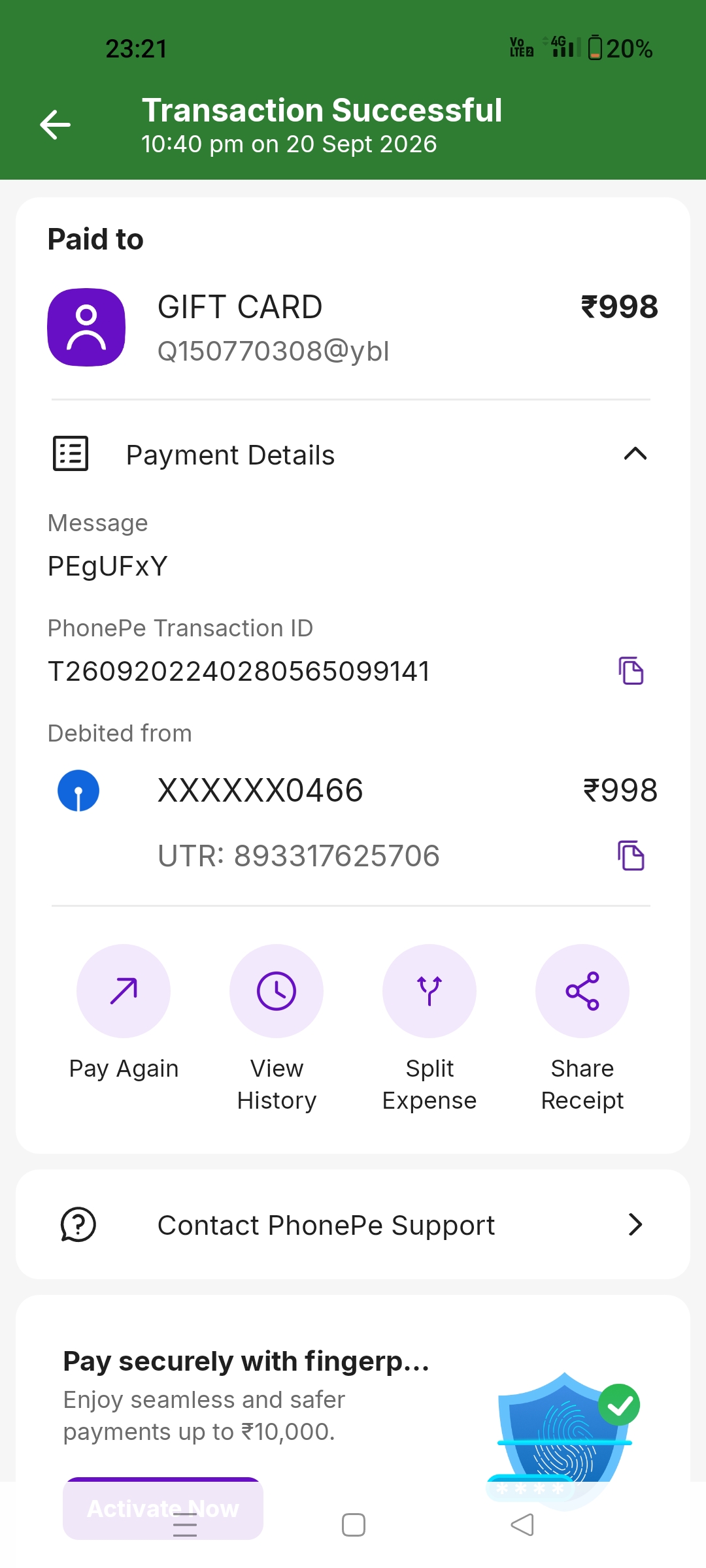 900 rupees were deducted in the name of a gift card