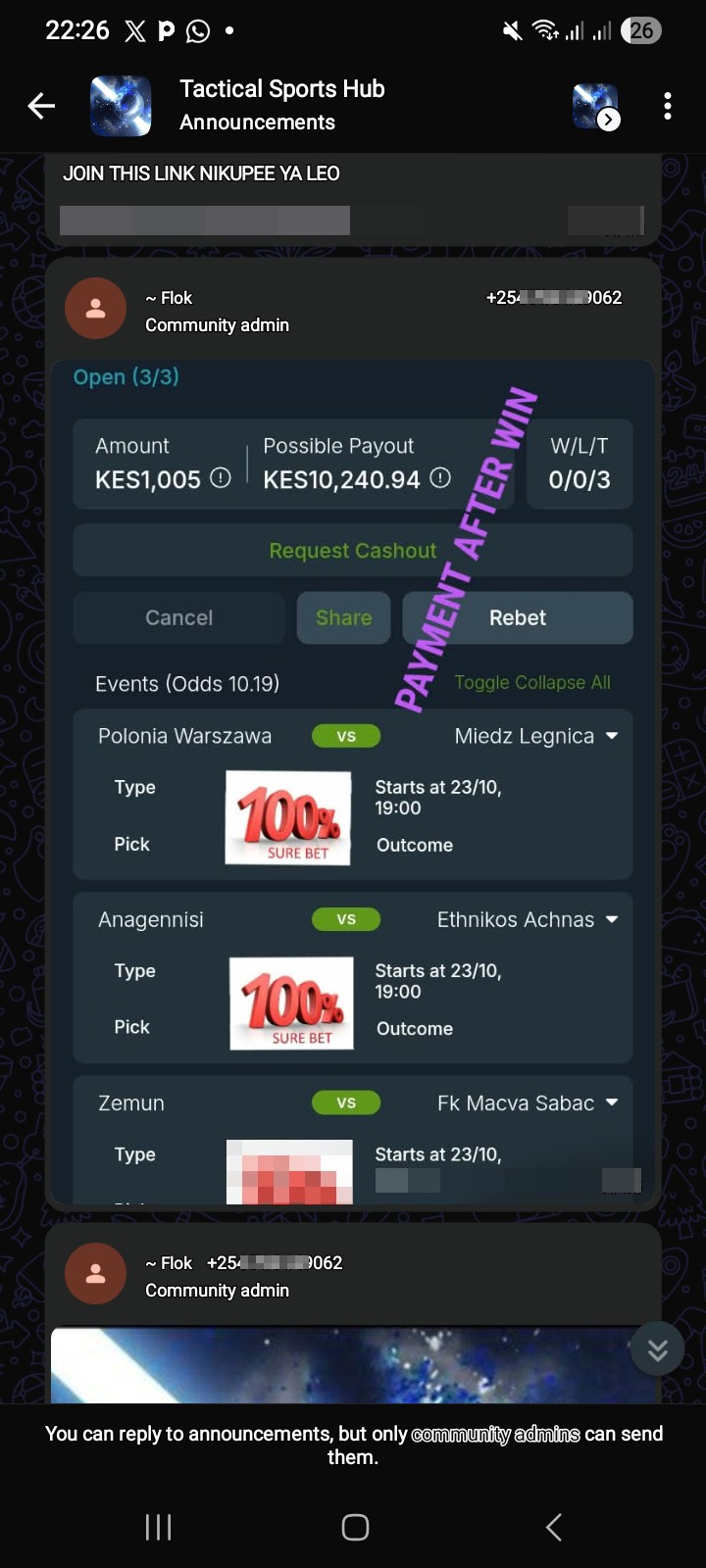 Scam SMS offering "sure bets" for money from [PHONE]