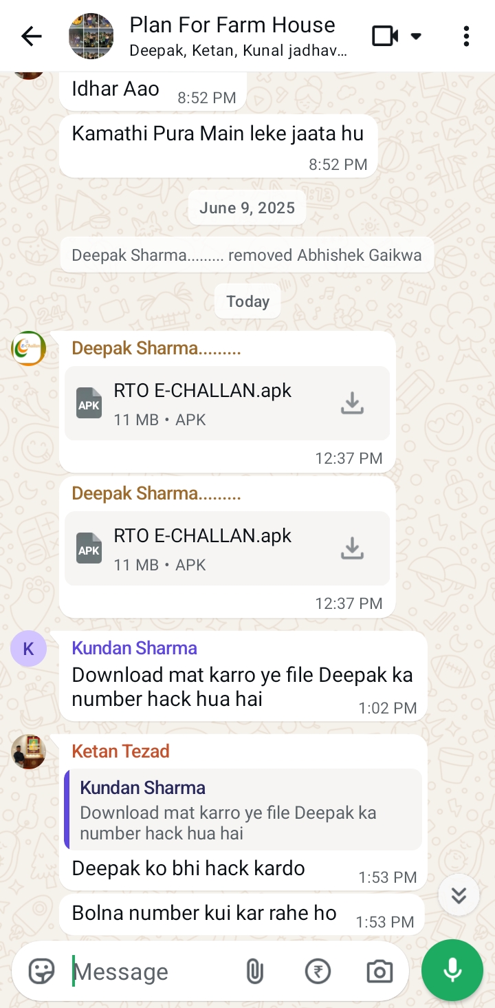 Message about installing the RTO E Chalan app through WhatsApp hack