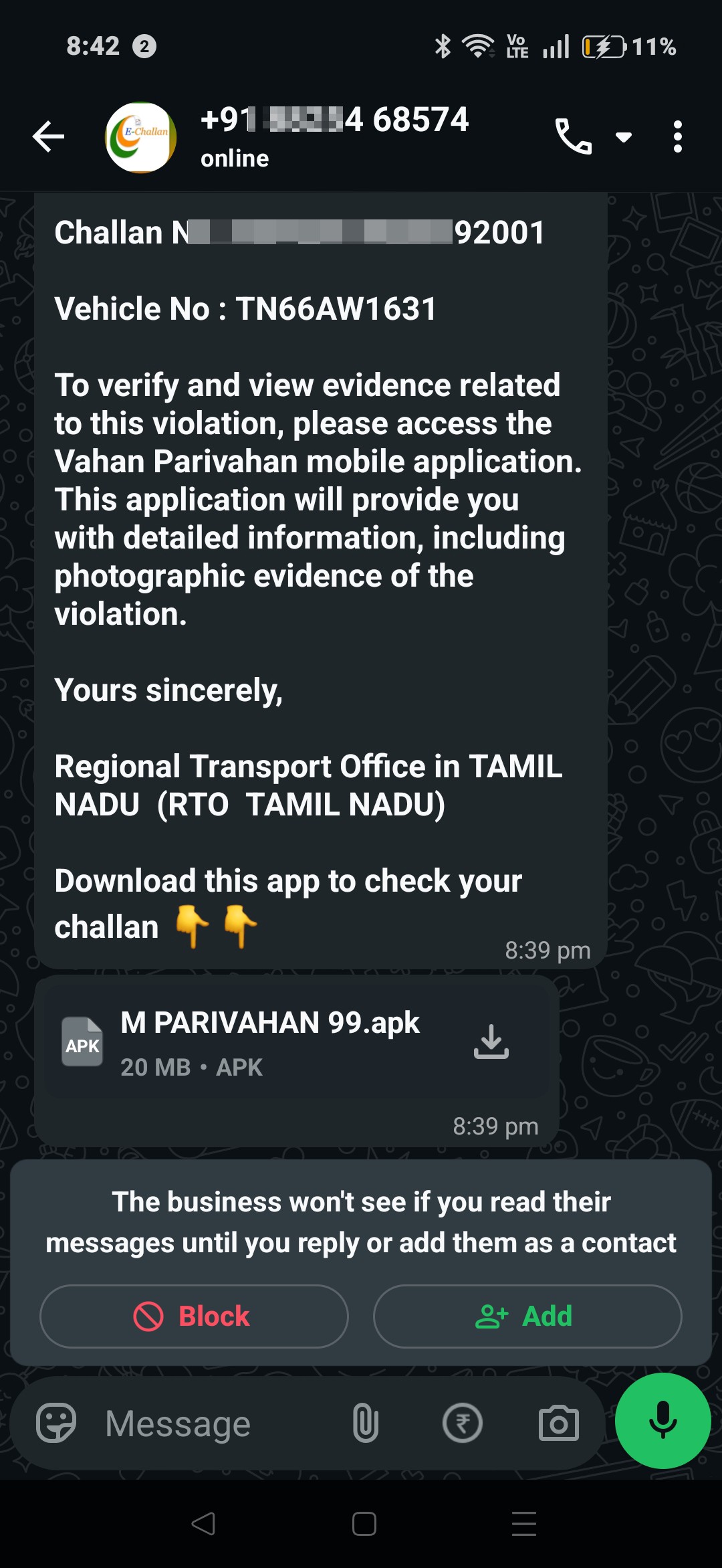 Fake RTO Challan APK Scam from [PHONE]