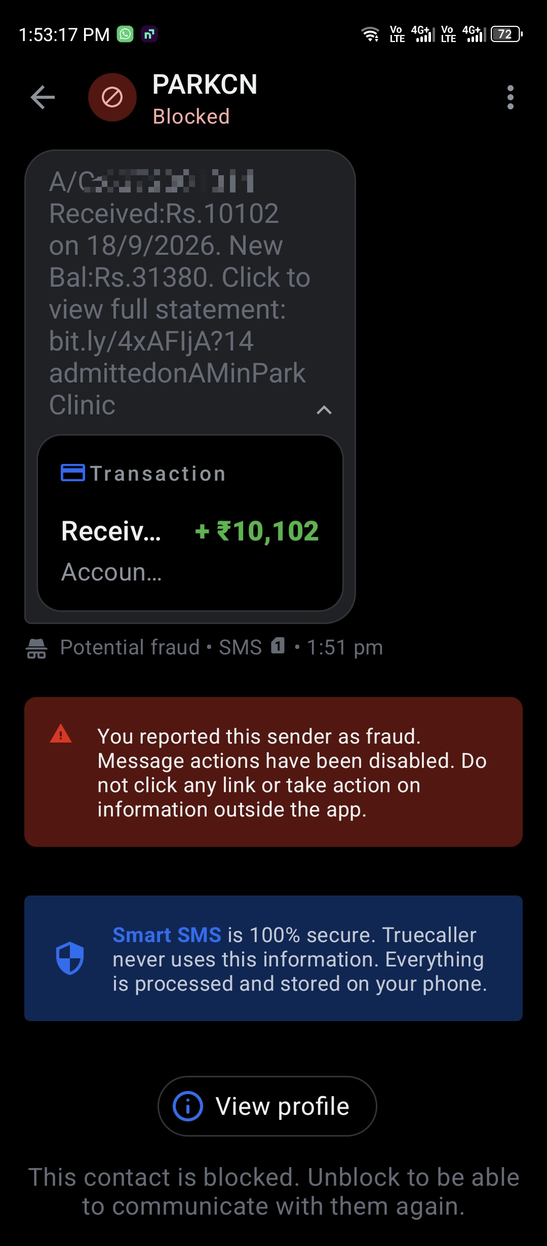 🚨 Potential Fraud SMS from PARKON – Suspicious ₹10,102 Bank Credit Message