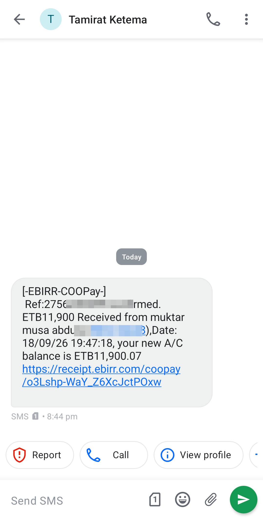 Scam message for Ebirr transfer.