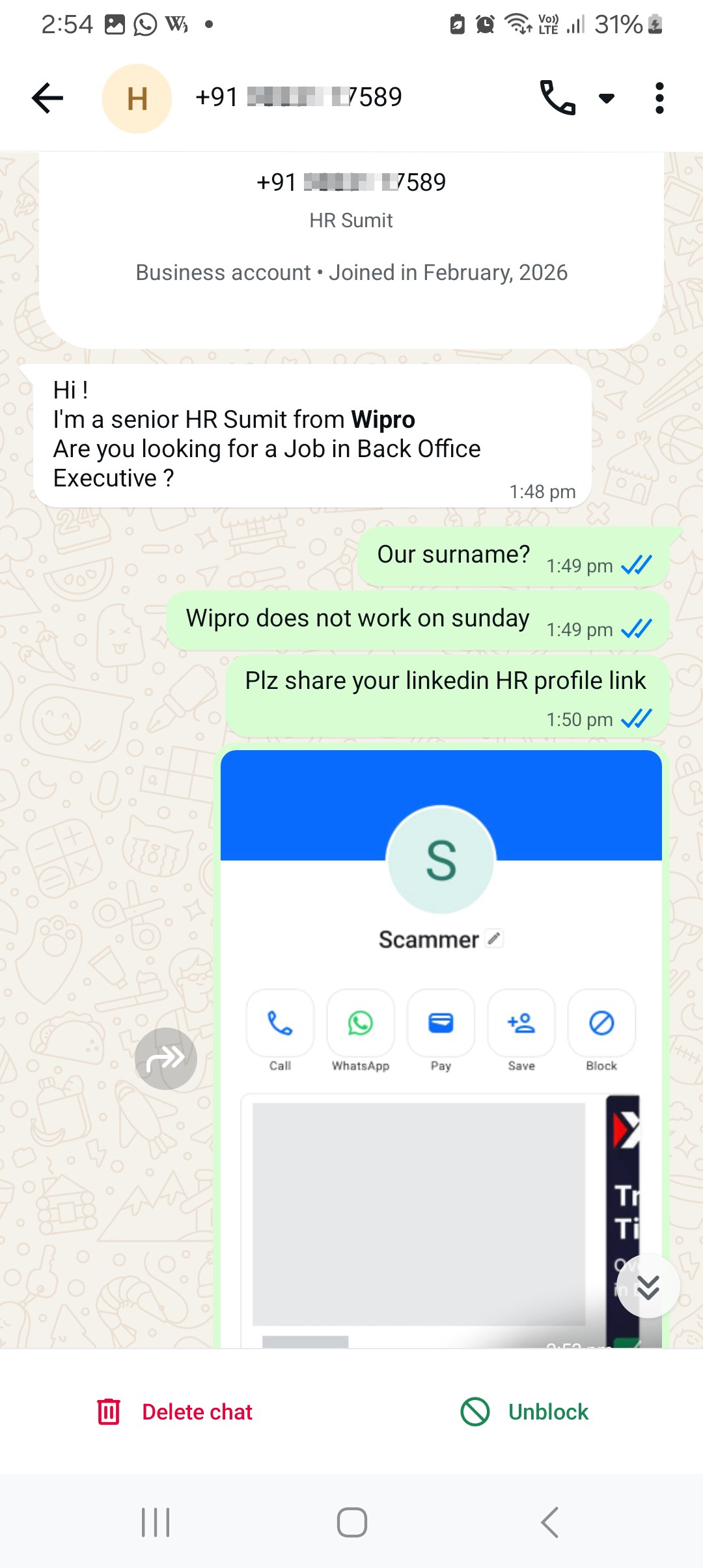 Scammer acting as Wipro HR 