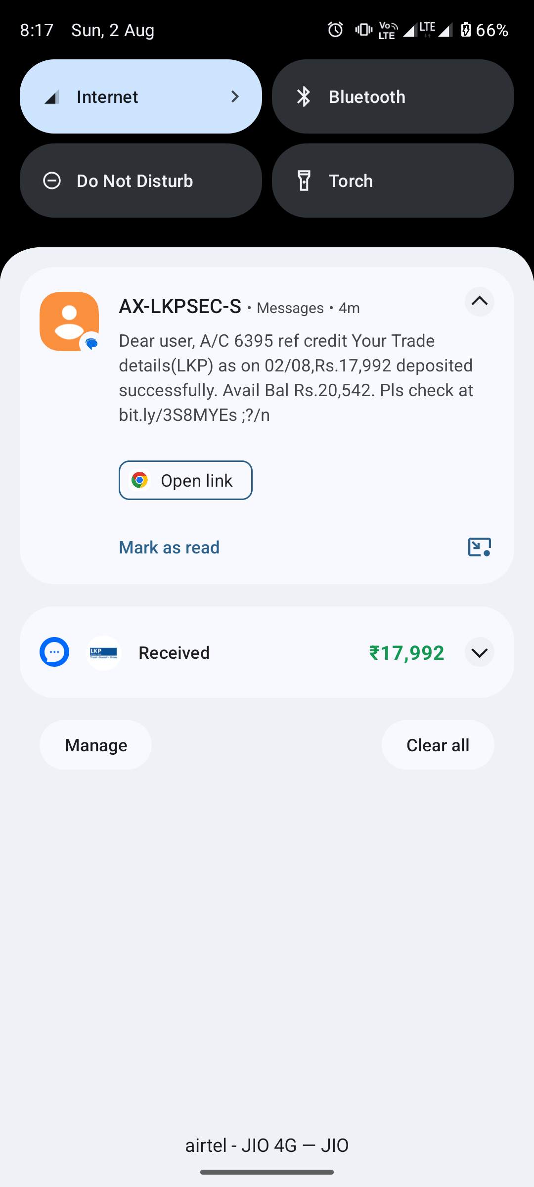 Unknown amount/balance scam message
