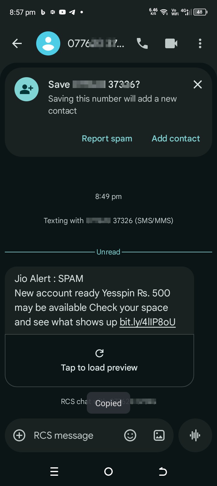 SMS Phishing Scam using fake Jio ₹500 offer