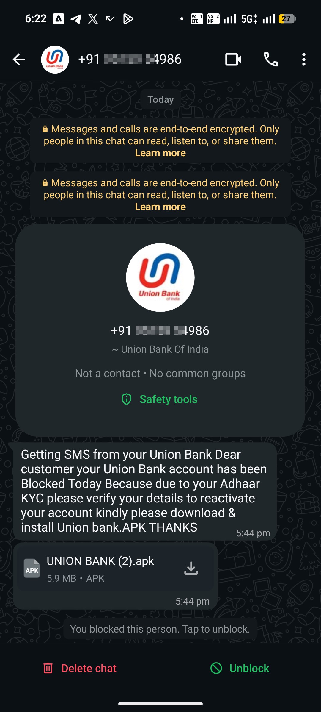 Fake Union Bank KYC Message Sending Malicious APK