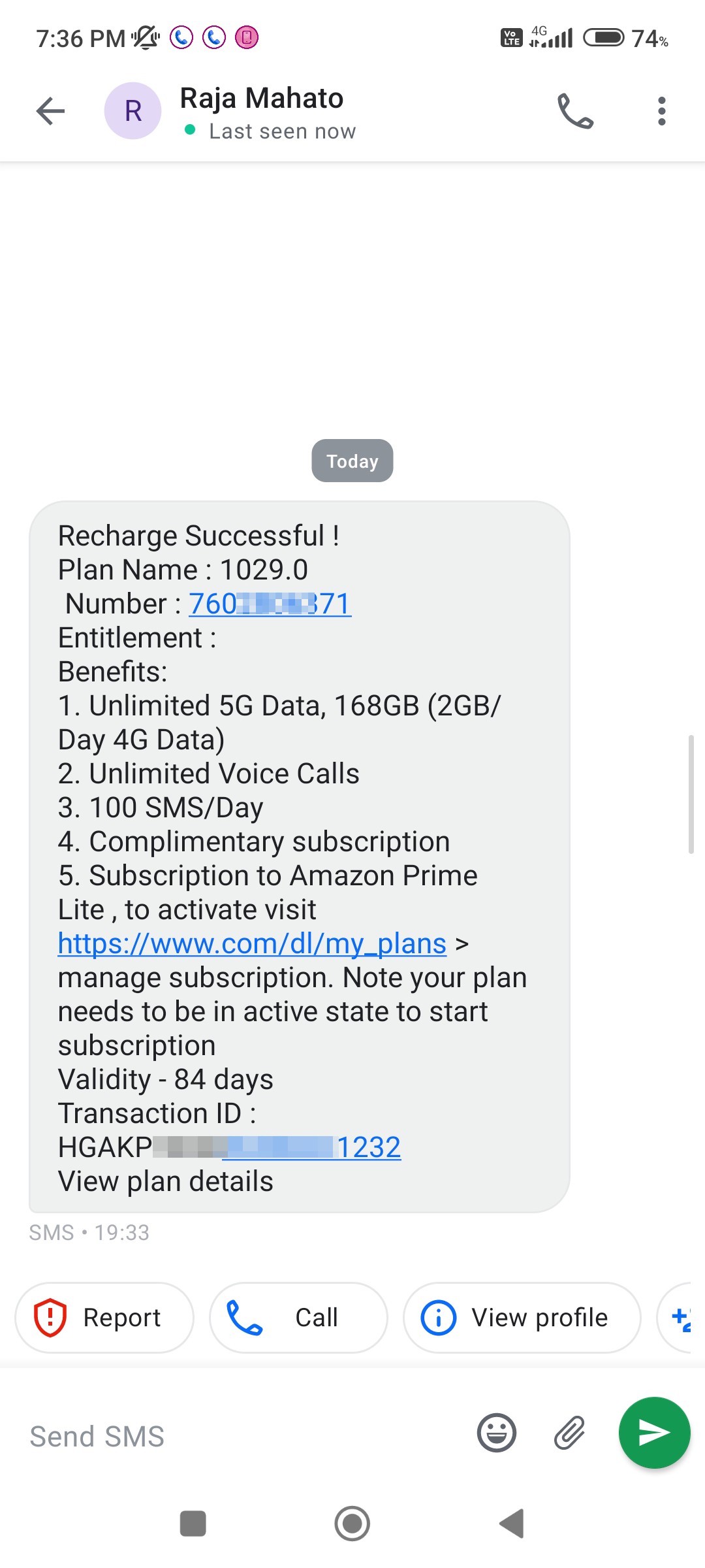 This number is a recharge scam.   He calls and says it was recharged by mistake, please return it. 