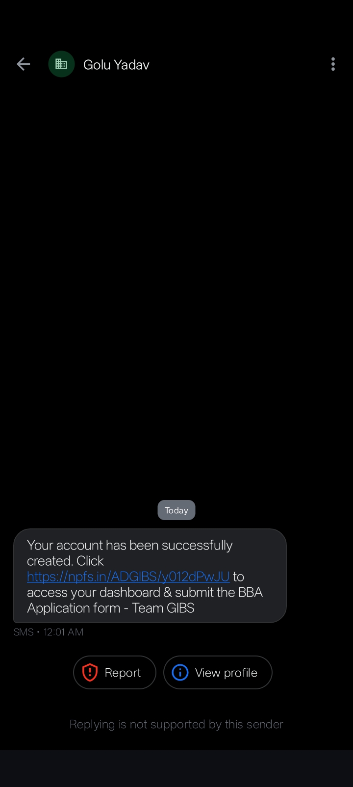Fake account credit notification via SMS.
