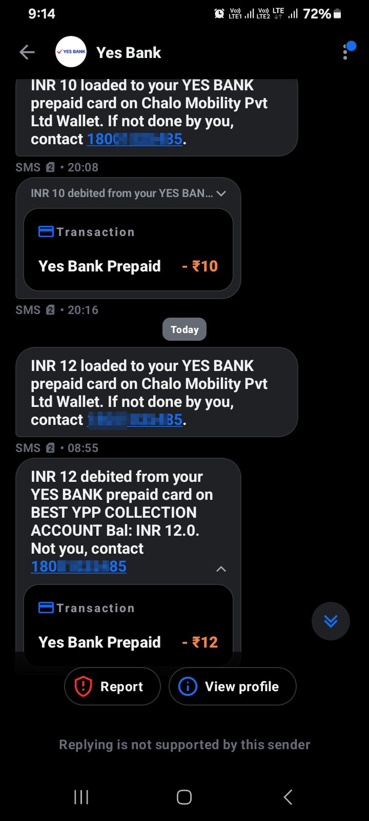Yes bank daily debit credit message 