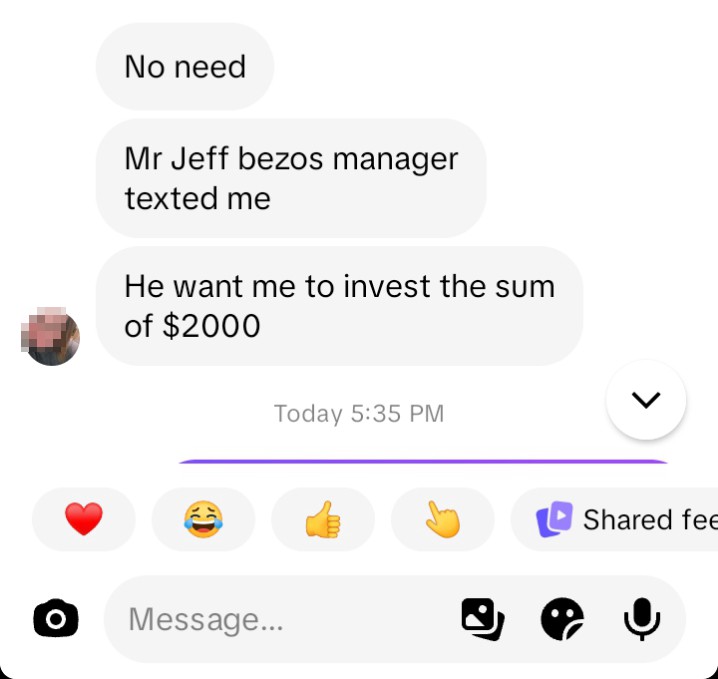 Jeff Bezos impersonator on Messenger asking for $2,000 investment