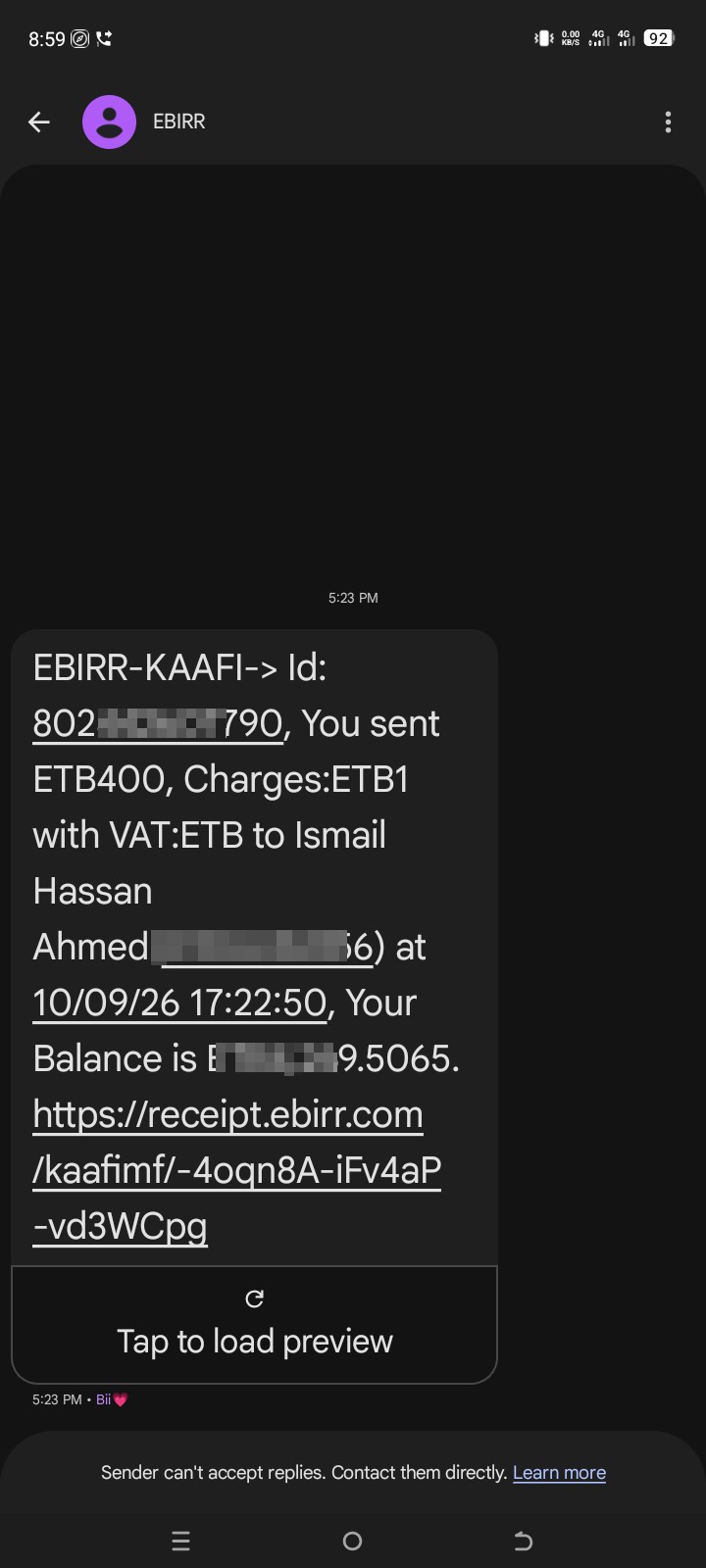 Message Scam: Fake 4000 Birr Offer