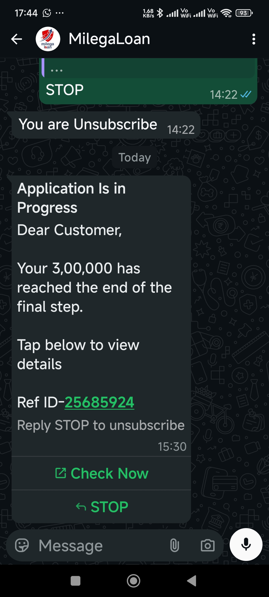 milegaloan possible scam on WhatsApp 
