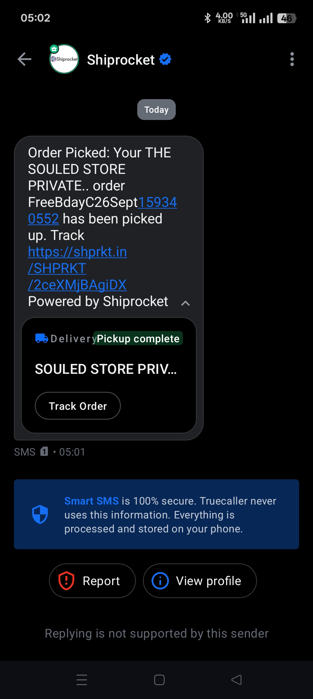 Shiprocket message about order you didn't place from Souled Store