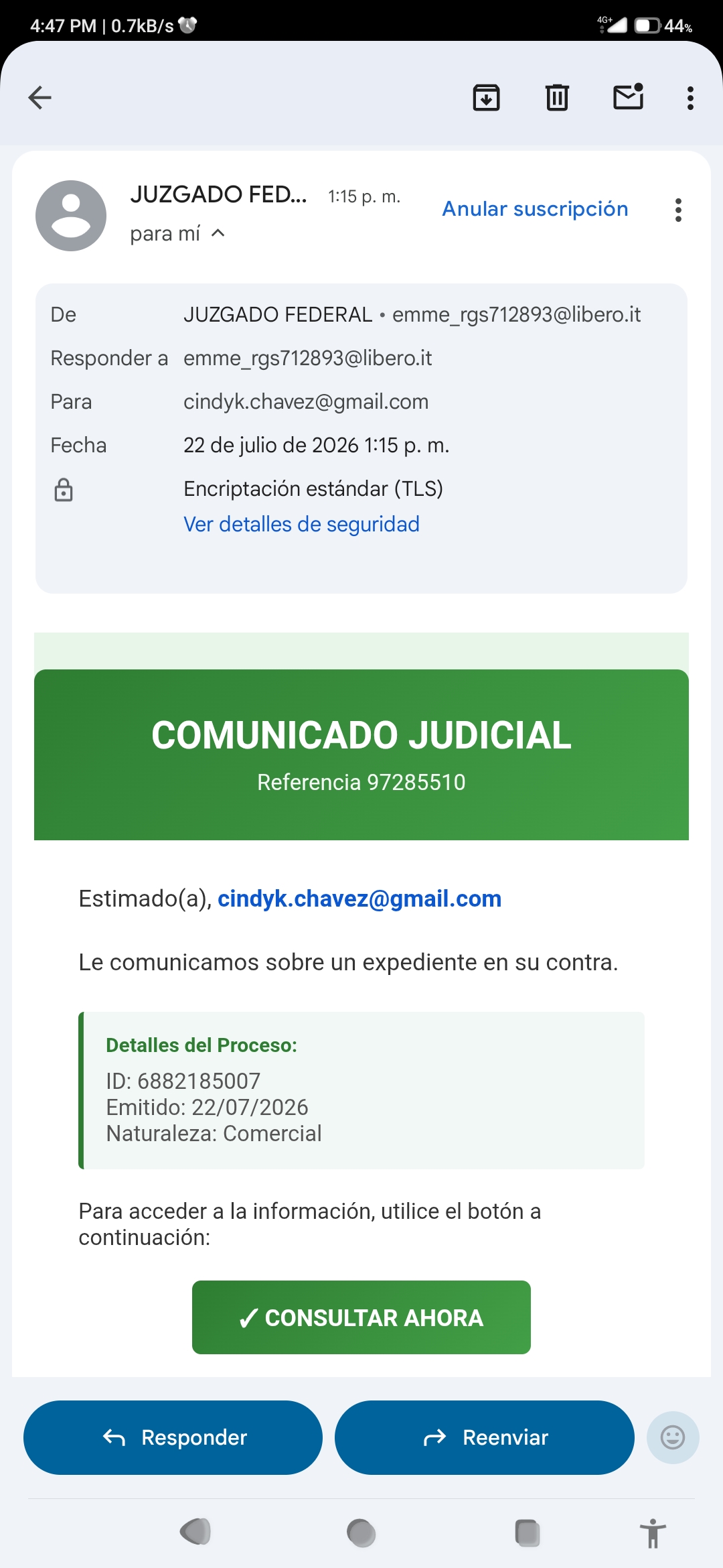 They send emails that have a message from the court secretary about an alleged debt of wages.