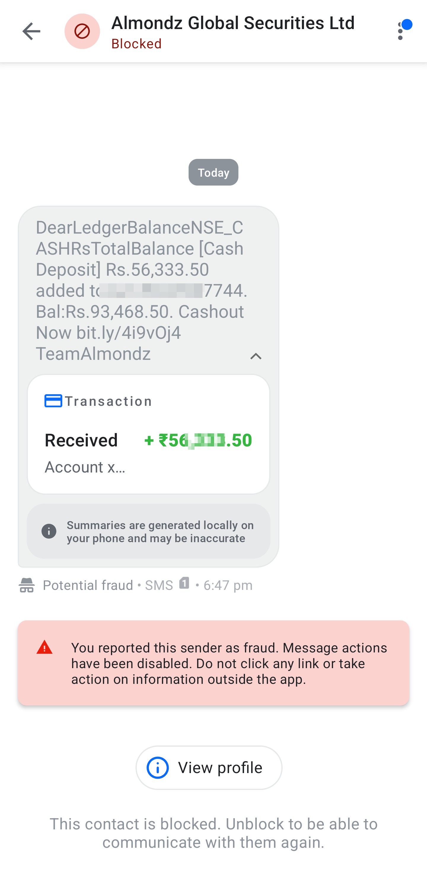 Fake financial transaction message with a phishing link. 100% scam