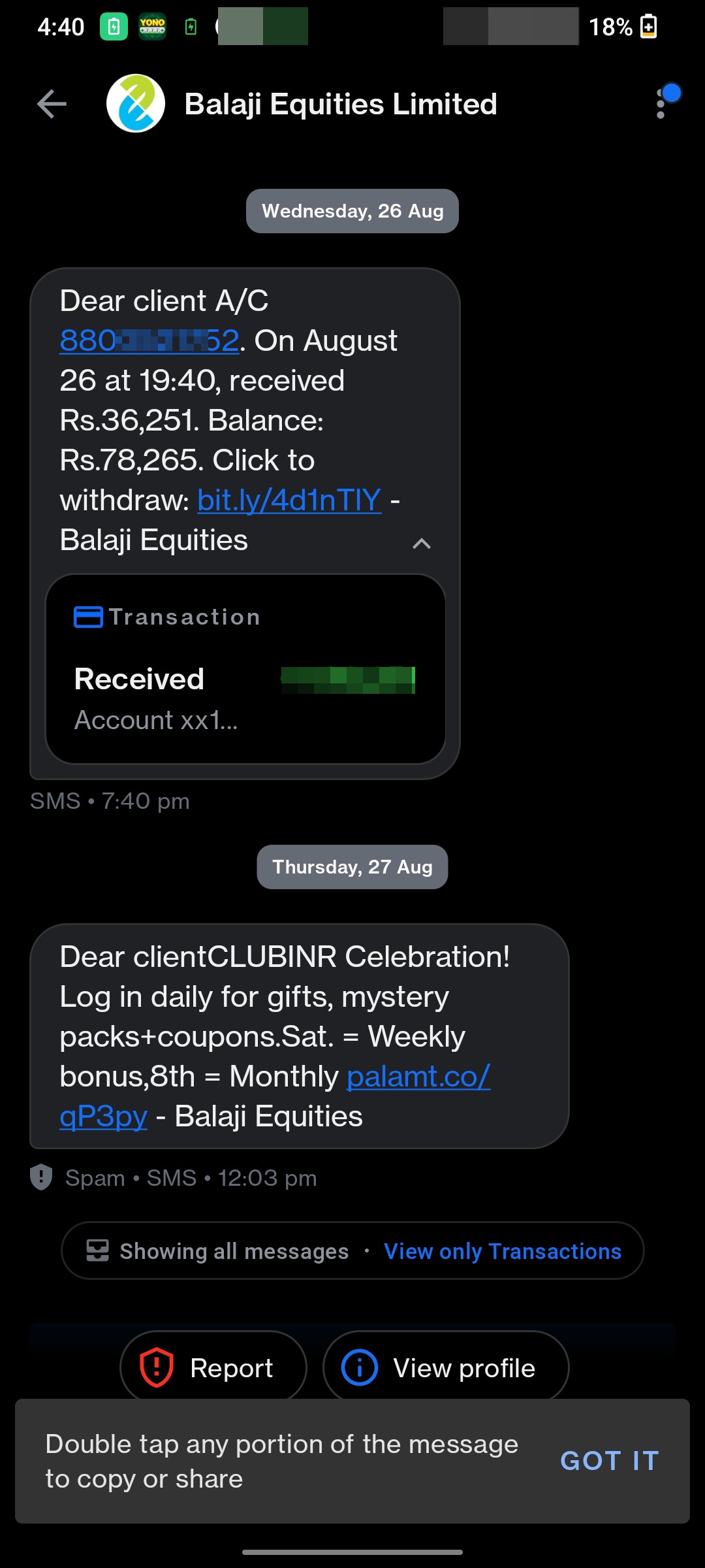 transaction massage coming
