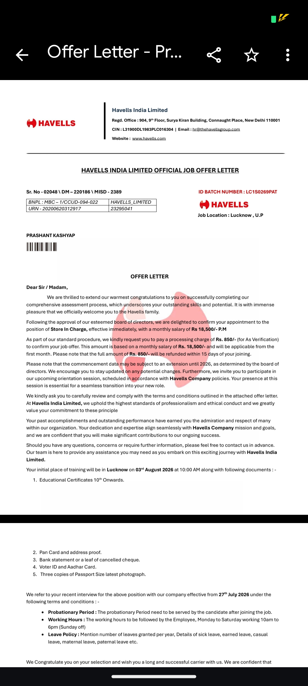 Job offer scam from Havells for a store incharge position