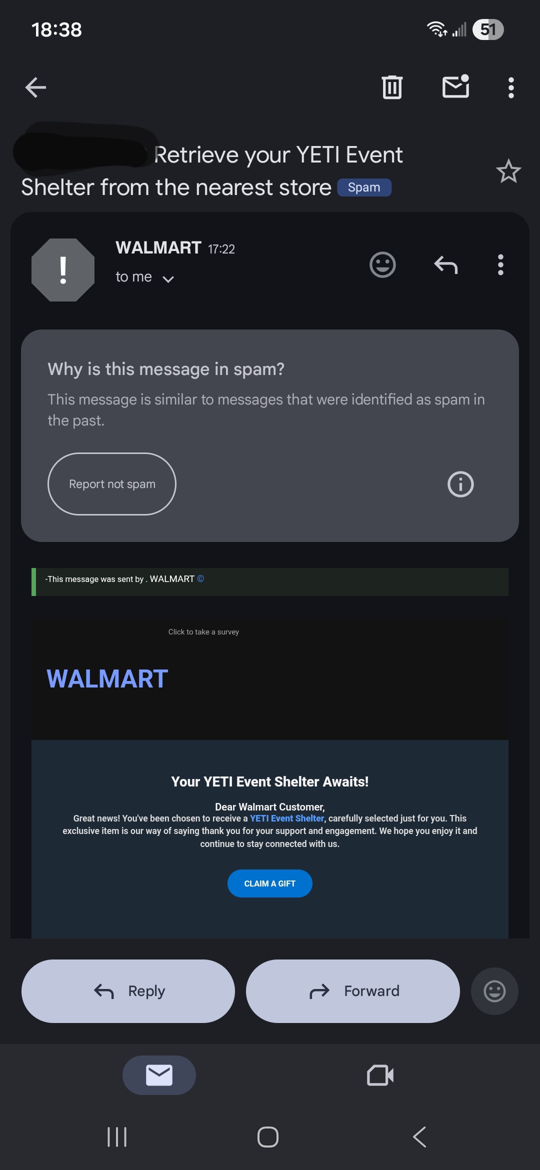 email from Walmart to retrieve Yeti prize. 