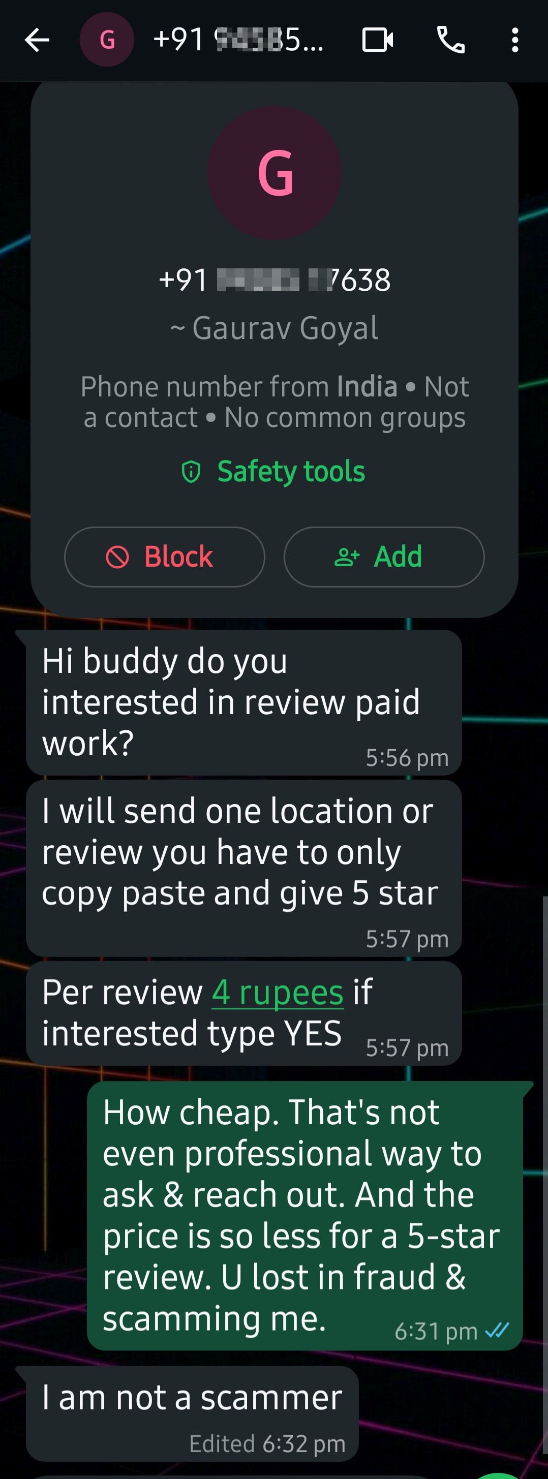 Fake 5-Star Review Scam(in Whatsapp chat)