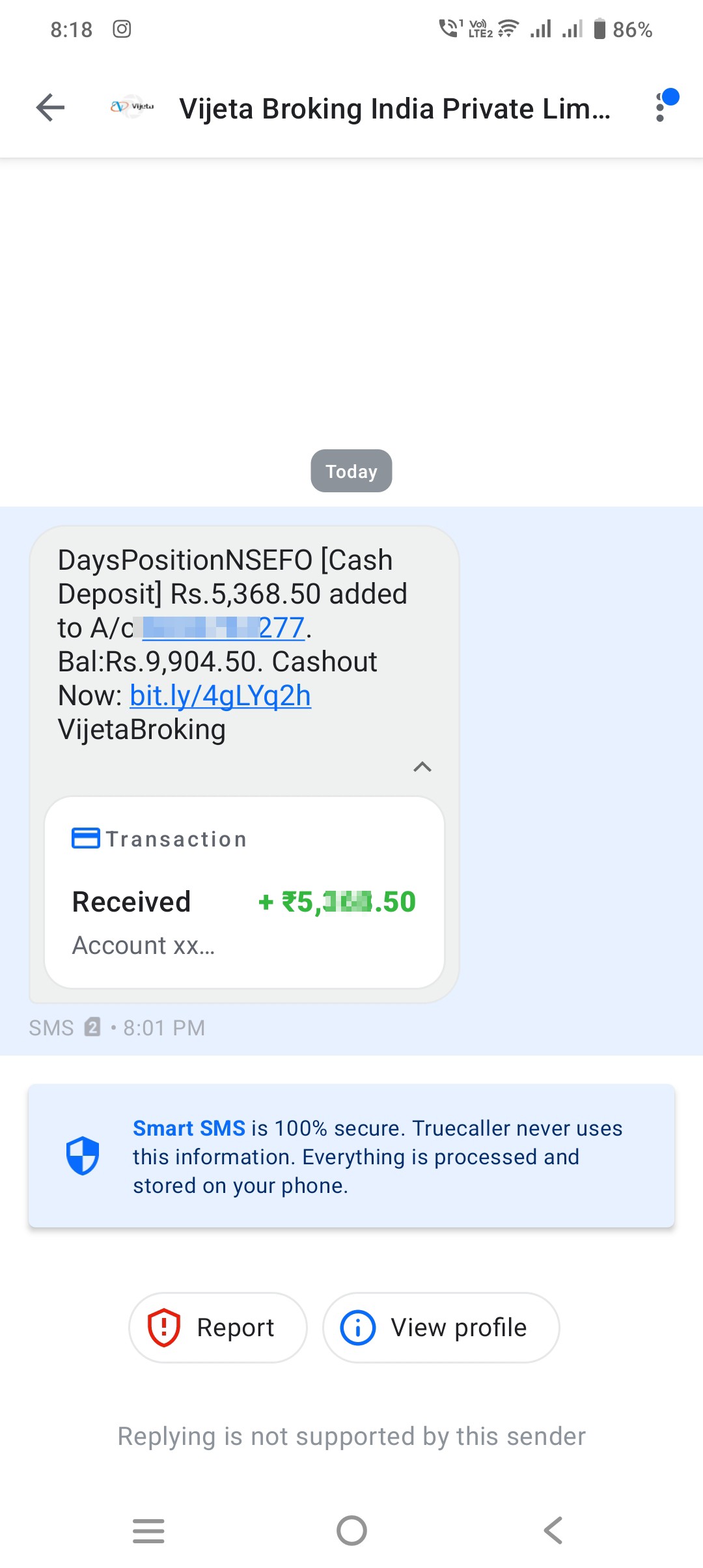 Vijeta Broking deposit message with link to withdraw cash