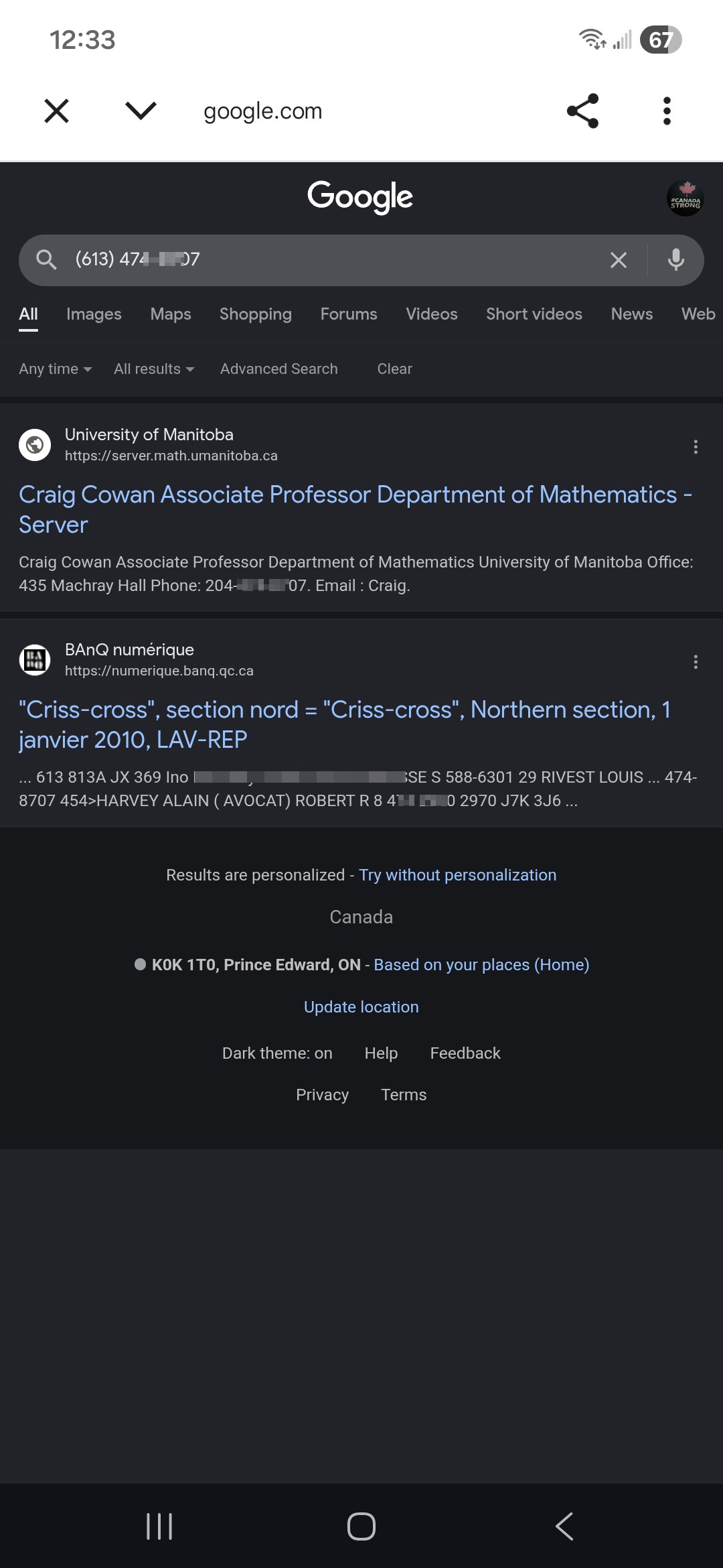 local area code.... wrong province 