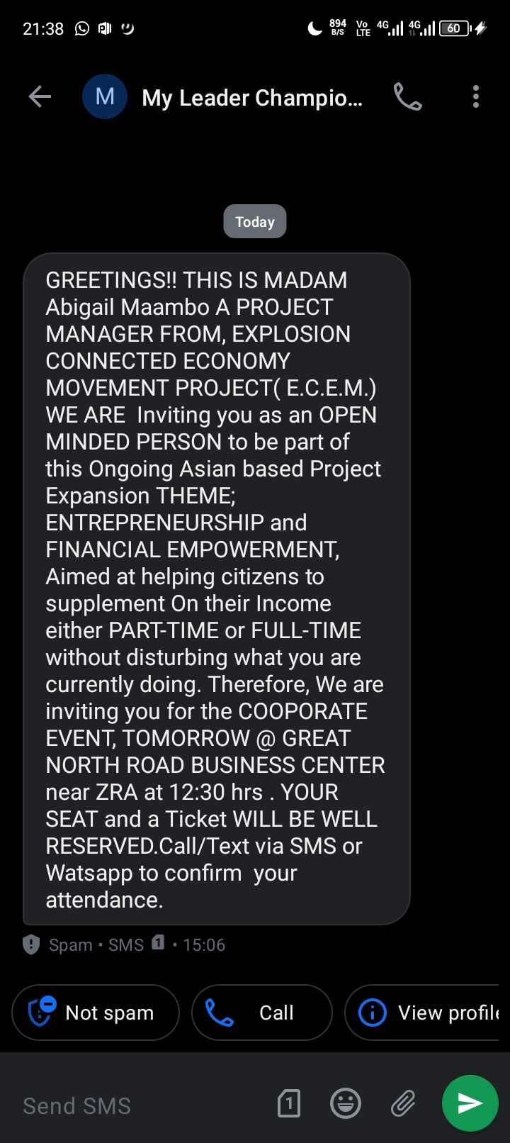 WhatsApp message promoting unrealistic money-making scheme
