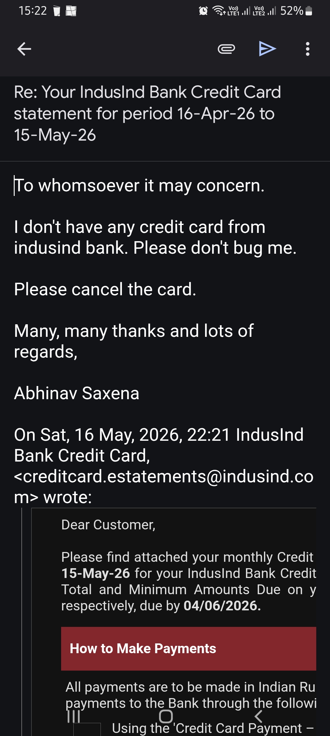 Unauthorized IndusInd Credit Card 