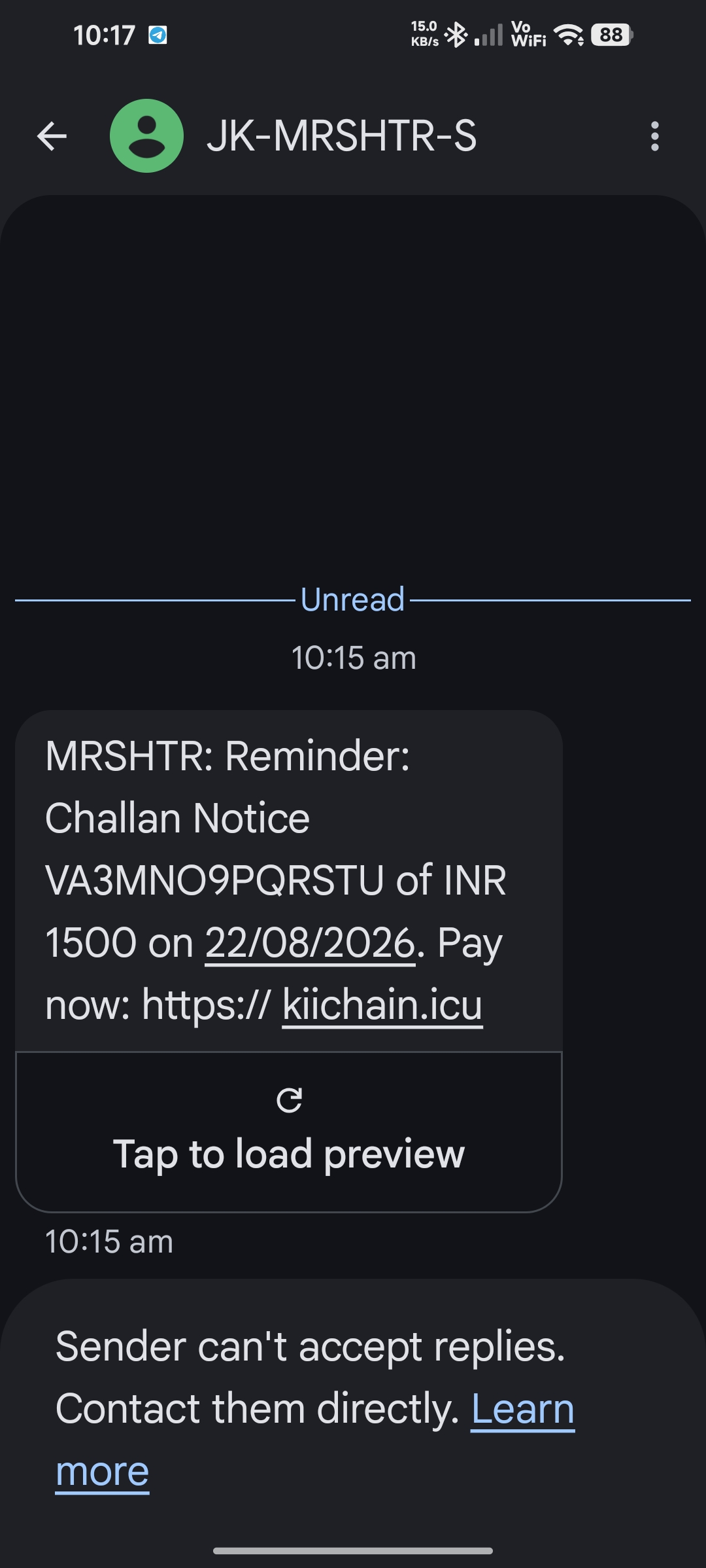 This message is a phishing scam. Do not click the link or make any payment through it.