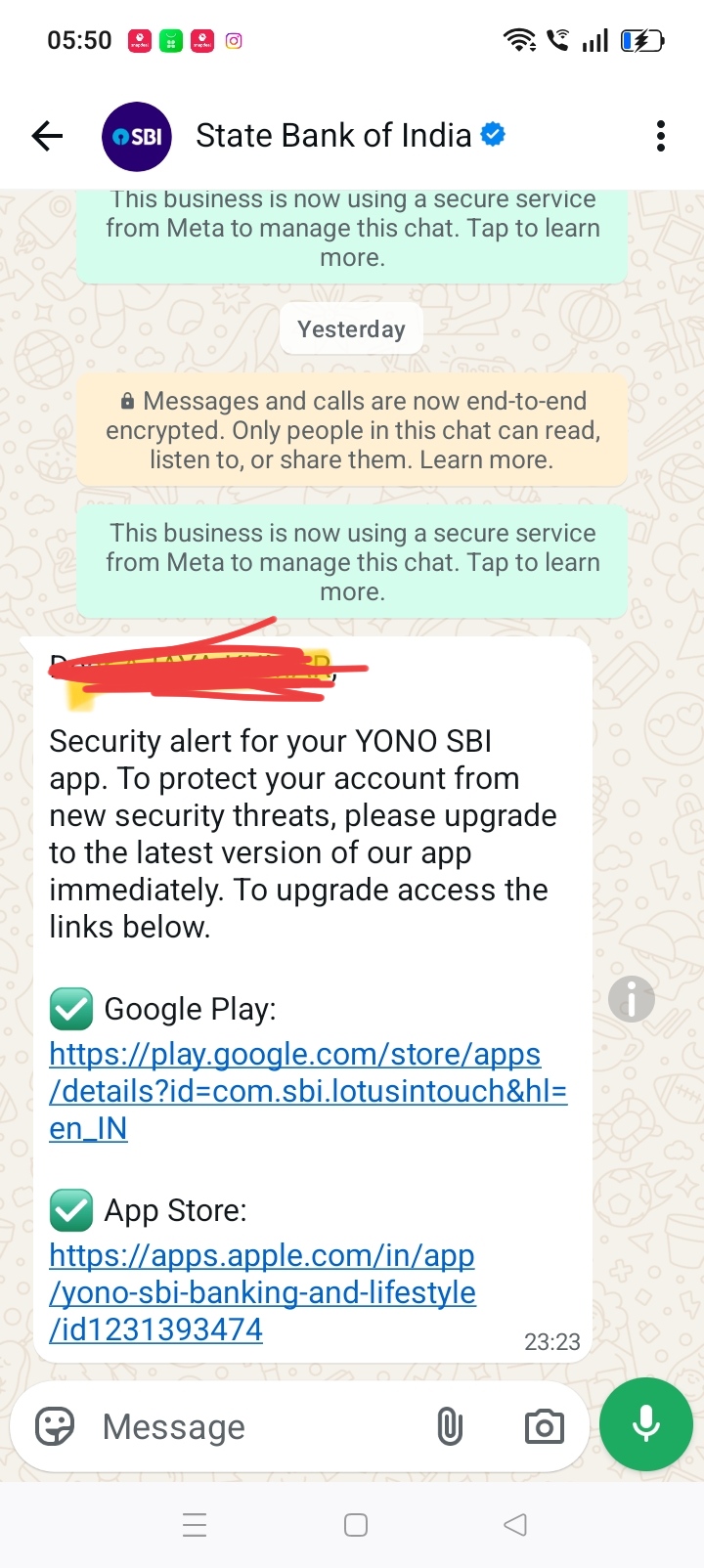 Fake SBI WhatsApp Security Alert Scam