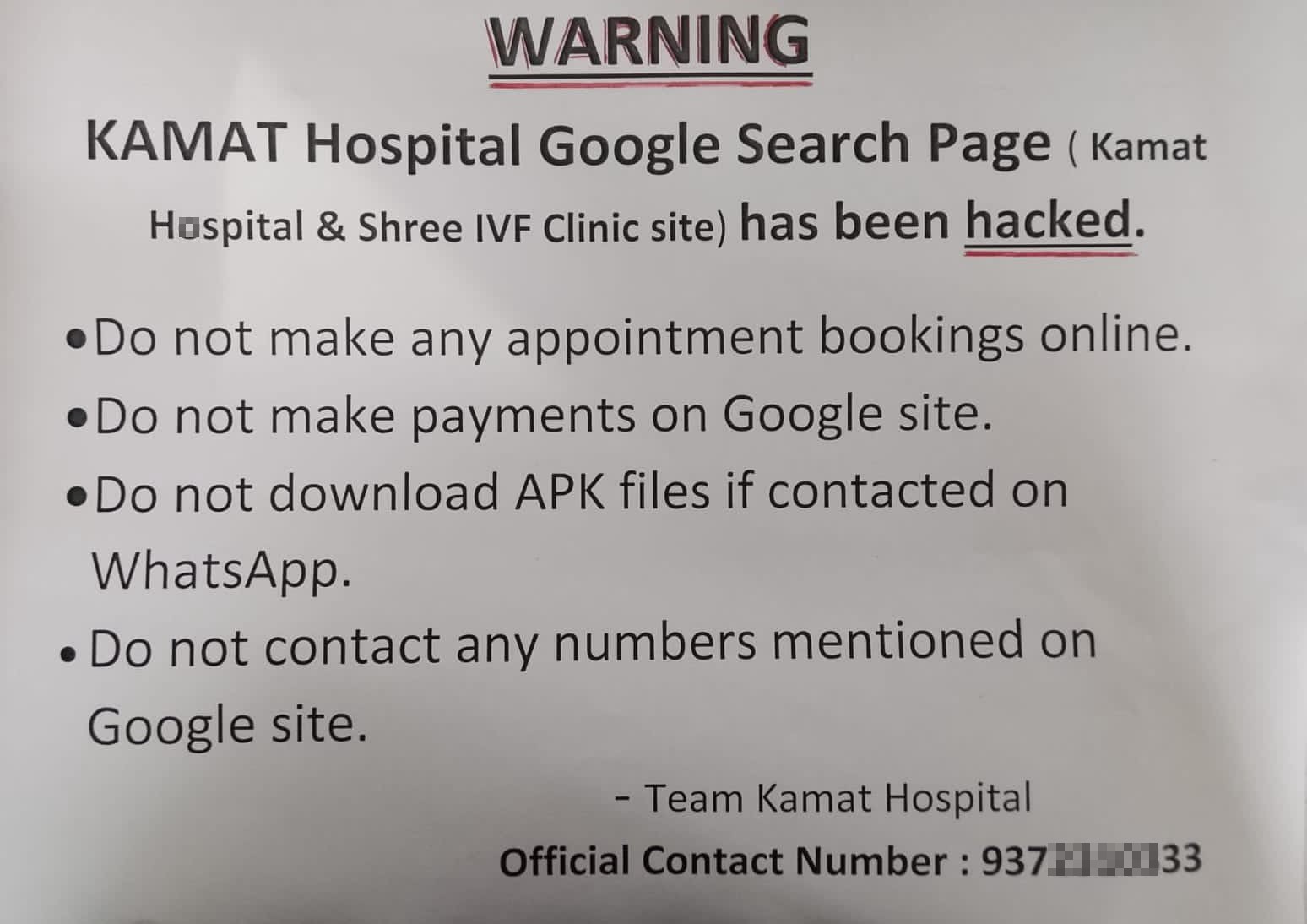 Do not make Online Booking of appointment on Kamat Hospital Chinchwad Google Search page
