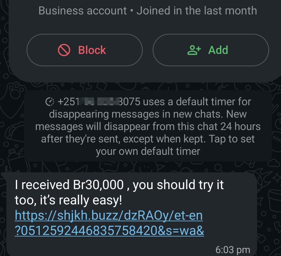 WhatsApp Scam: Fake 30,000 Birr Offer
