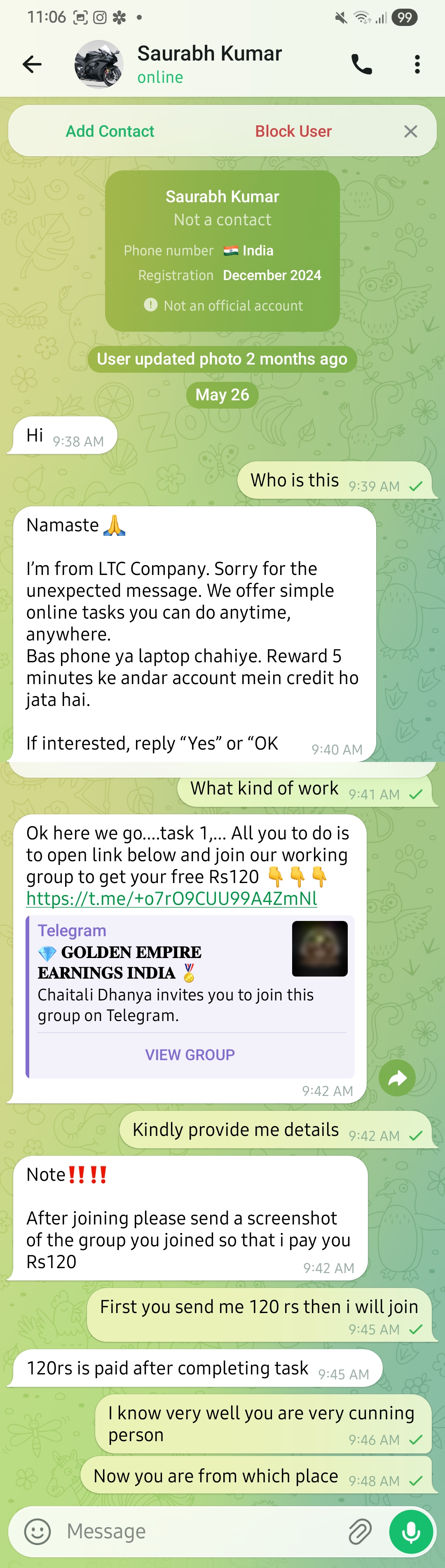 Join group in Telegram and get ₹120