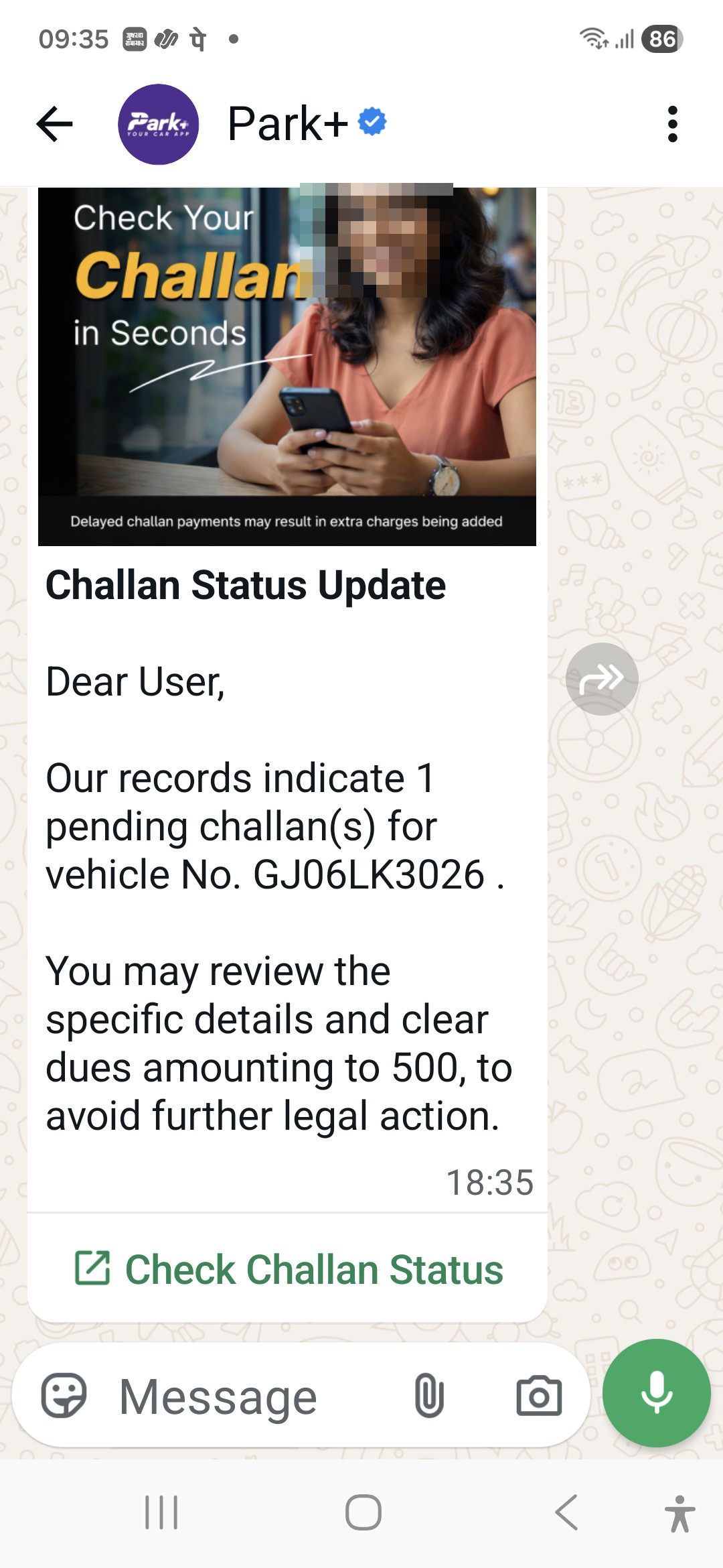 recd whatsup msg asking me to pay challan
