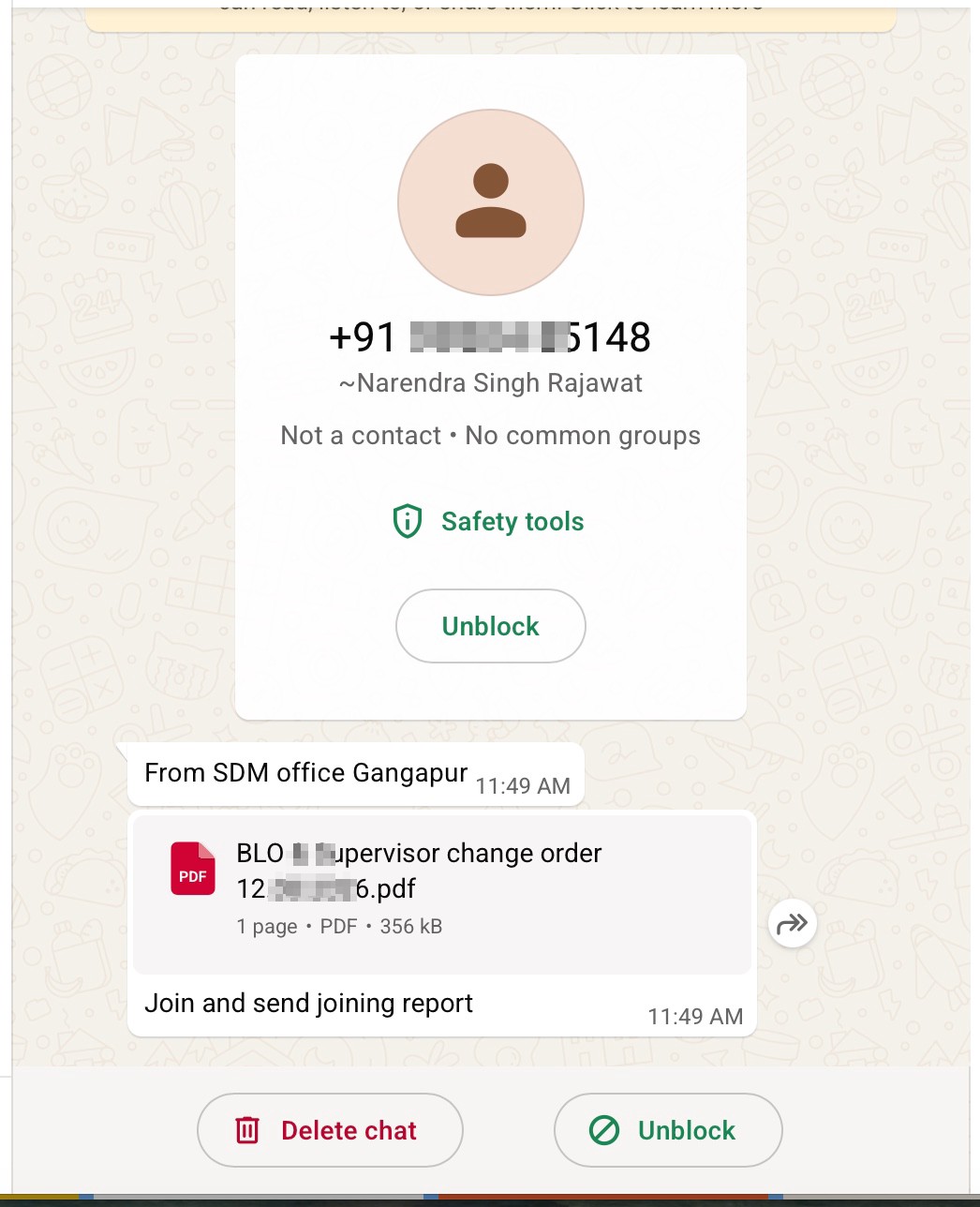 Suspicious whatsapp message claiming to be from SdM office 