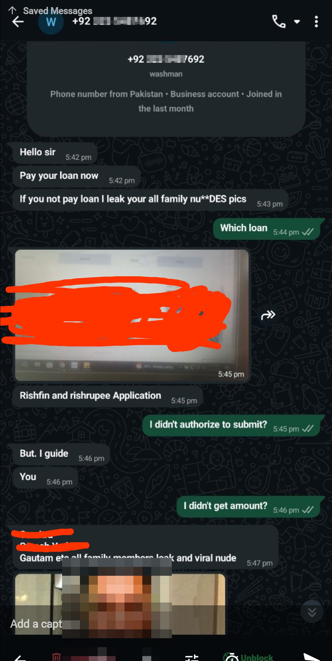Pakistani on whatsapp blackmailing for fake loan payment 